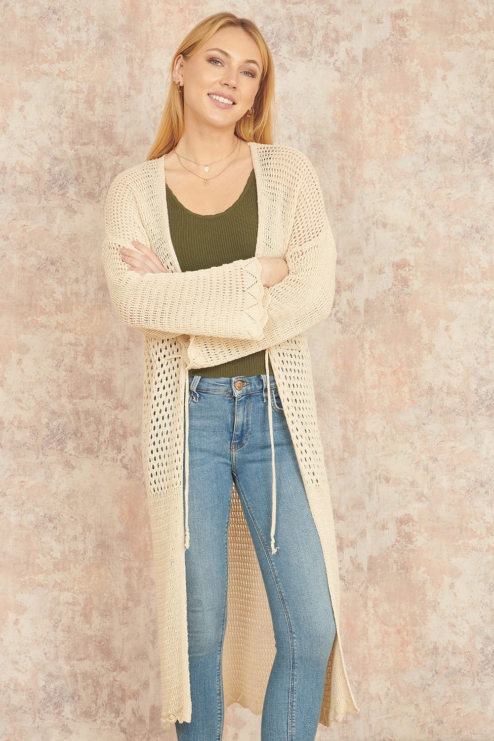 Yumi Yumi Cream Crochet Long Line Cardigan With Ties Front