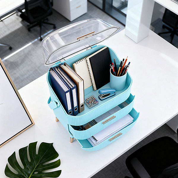 Nettlife Organisateur Maquillage Luxe, Grande Boîte Rangement Cosmétique Portable étanche avec Tiroirs et Poignée Bleu Clair