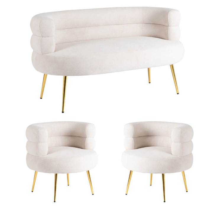 Zestaw Mebli Sofa i 2 Fotele Glamour Mała Kanapa Do Salonu Kremowy Złoty
