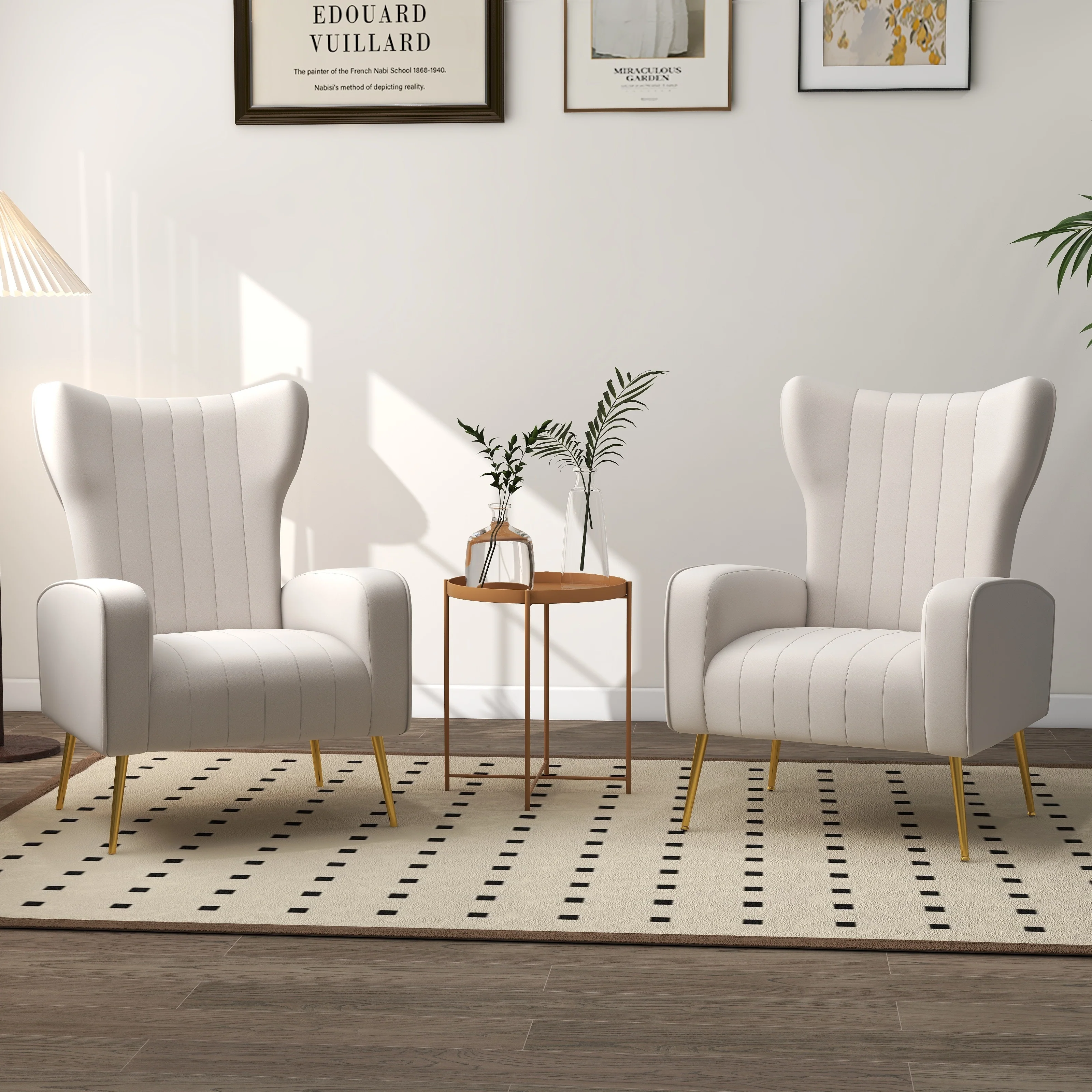 2 Set Velvet Wingback Accent Chairs with Metal Legs for Living Room