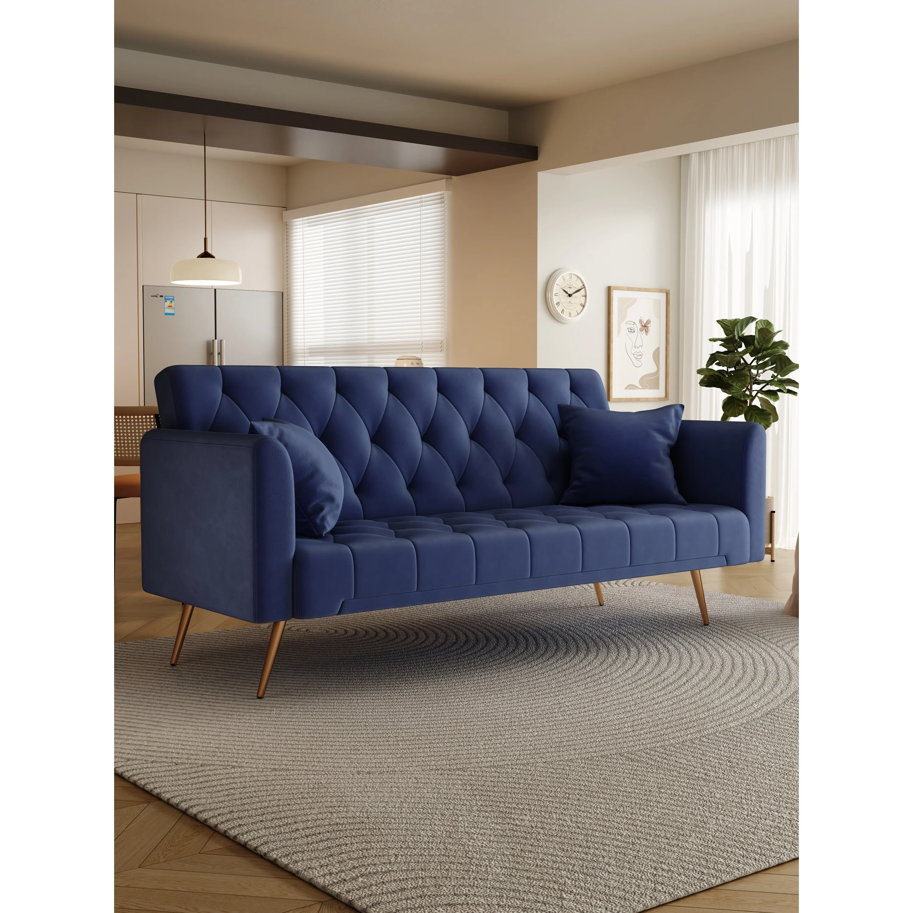 Blue 71 Velvet Convertible 3-seater Sofa Bed with Two Throw Pillows and Metal Legs for Living Room