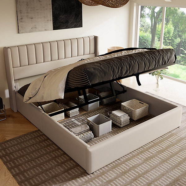 Lit 140x200 cm tapissé lin beige avec rangement hydraulique, tête de lit matelassée à rayures verticales