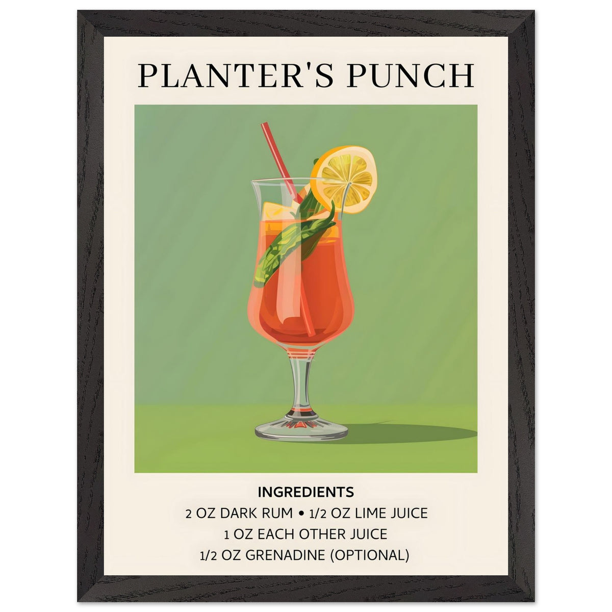 Artfulprints Poster met Lijst Planter's Punch cocktail - Ingrediënten  - 30x40 cm - Groen