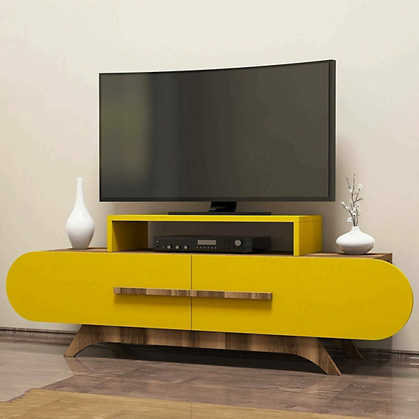 Meuble TV Nesat, Buffet de salon, Armoire basse pour TV, Base murale de rangement, 145x37 h50 cm, Noyer et Jaune