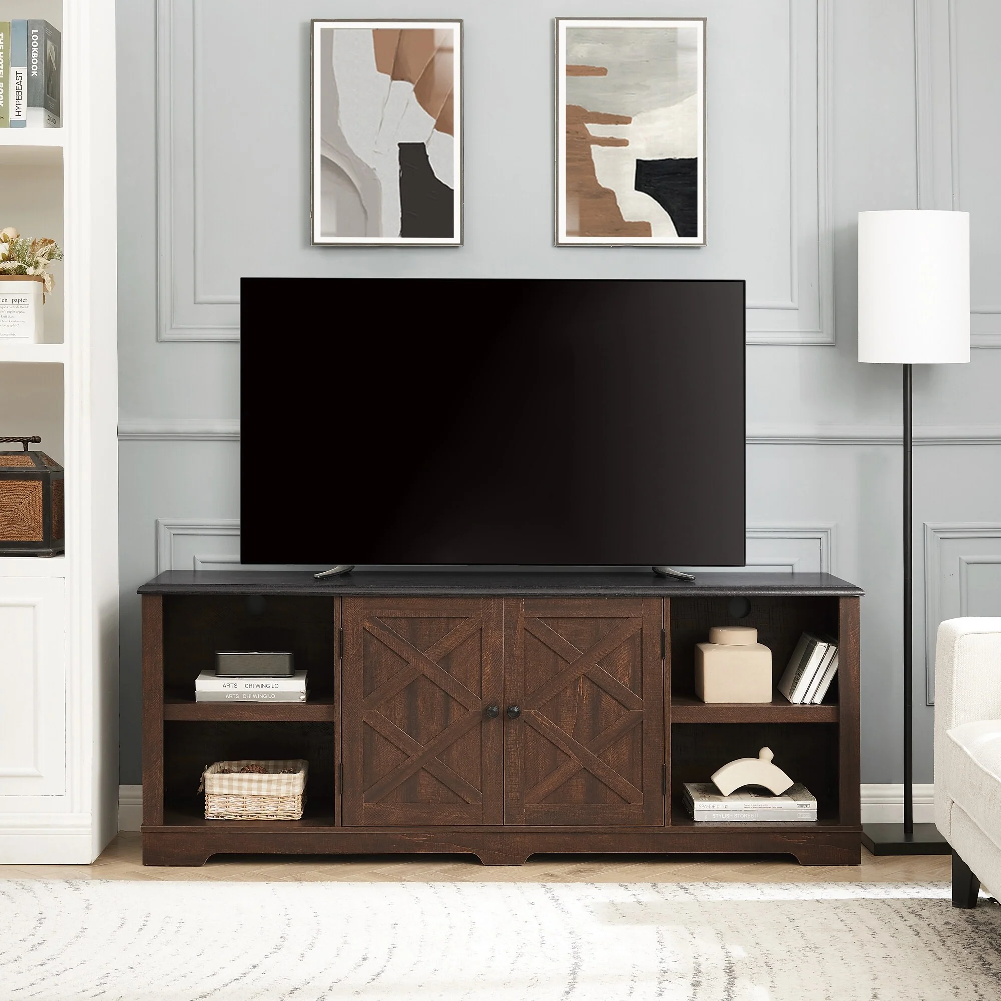 Espresso 70 Modern TV Stand with Open Shelves & Closed Cabinets for TVs Up to 80