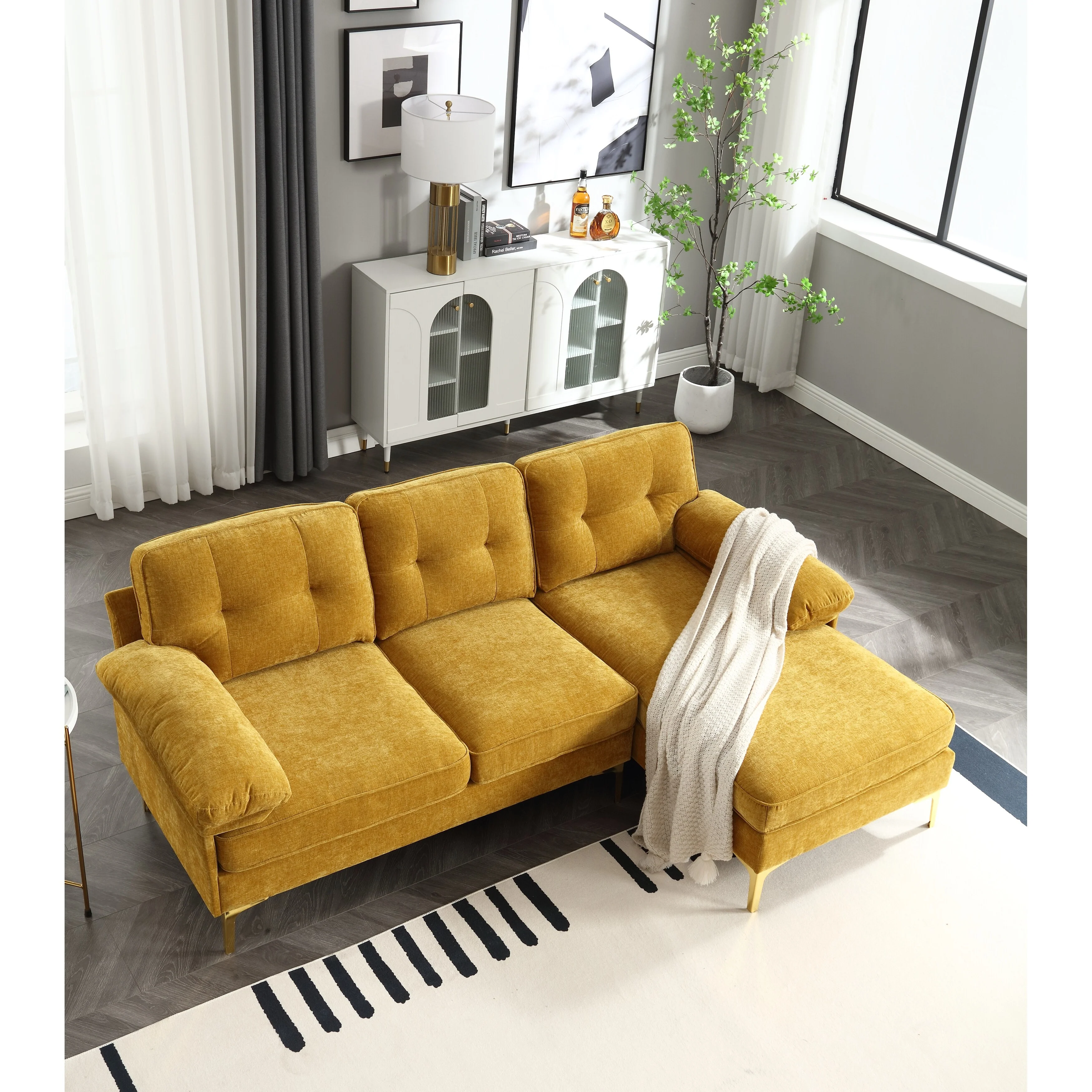 Yellow 85'' Fabric L-Shaped Sofa with Spring Reinforced Cushions
