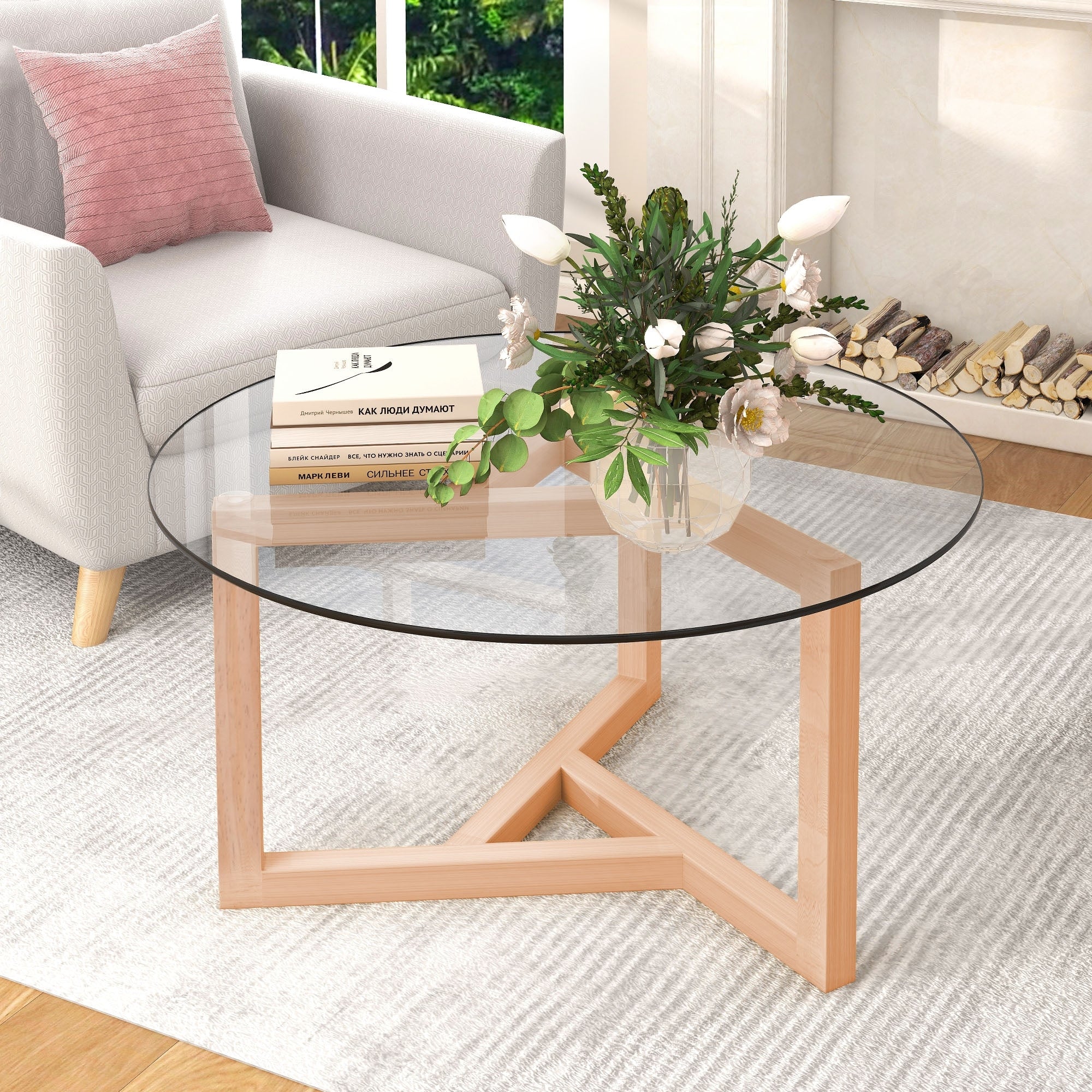 Round Glass Coffee Cocktail Table - 35.43 x 35.43 x 17.72