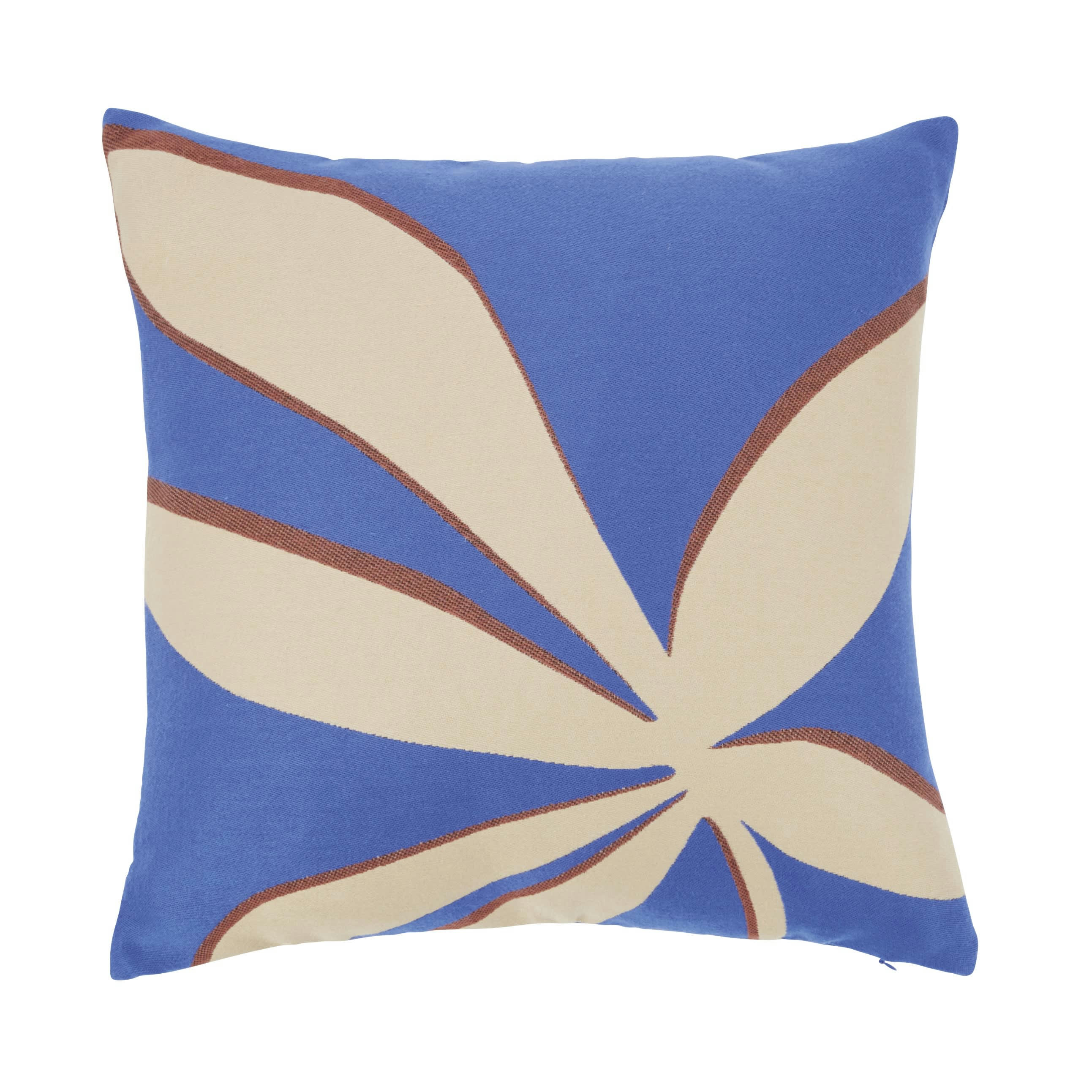 AZARE - Coussin d'extérieur en polyester recyclé tissé motif feuillage bleu et beige 45x45