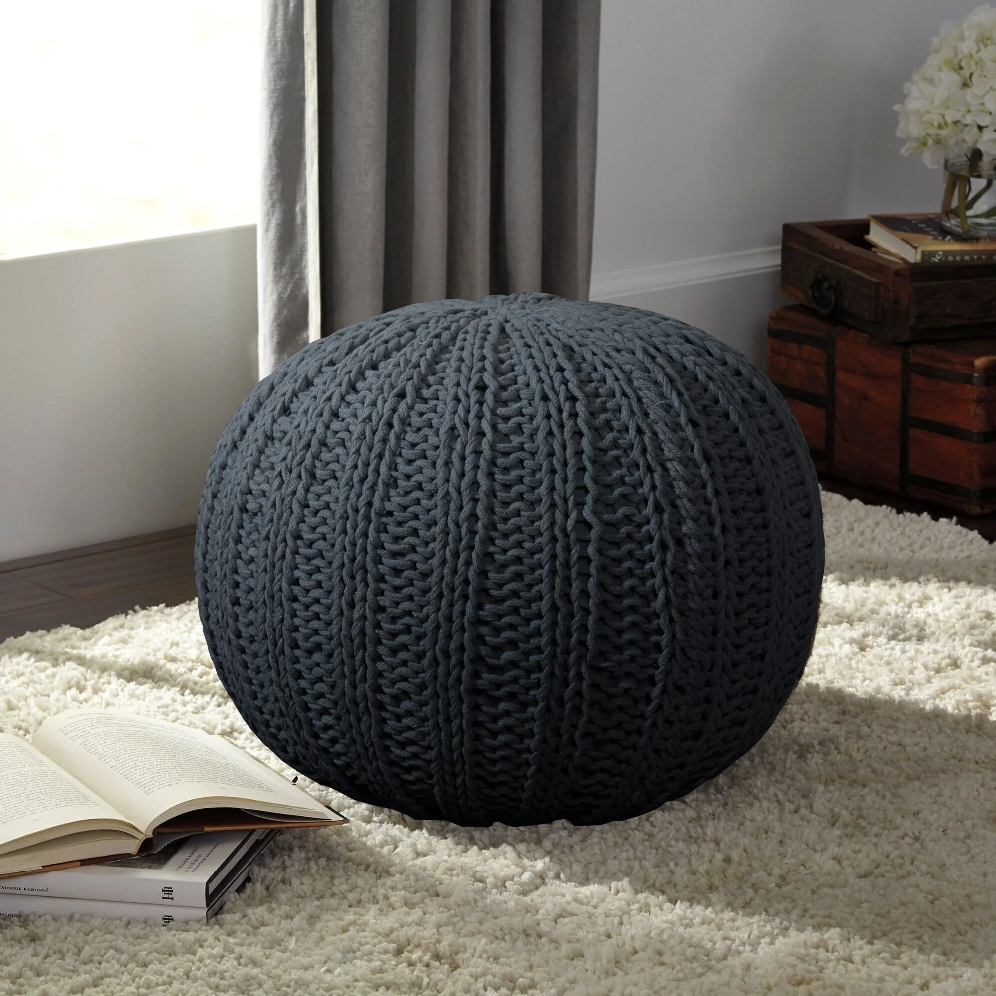 20 Solid Gray Hand Knitted Round Pouf Ottoman