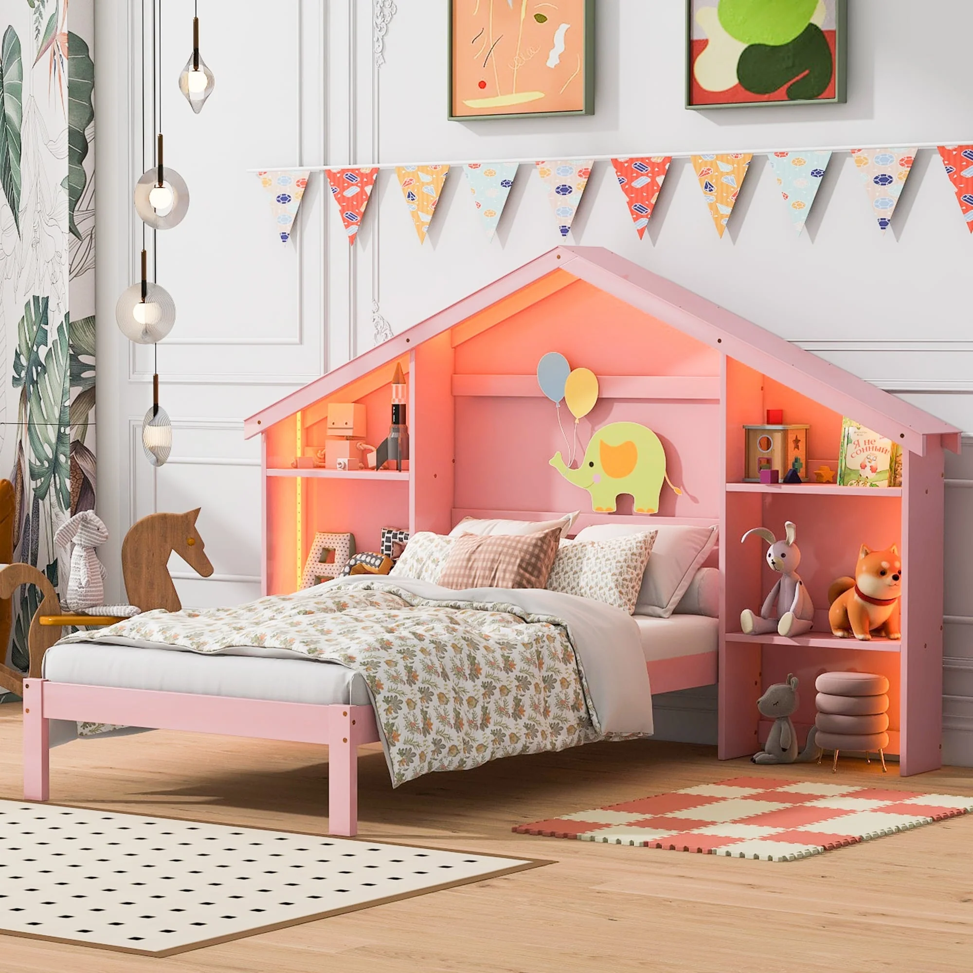 Wood Platform Bed with House-Shaped Headboard and Built-in LED Lighting
