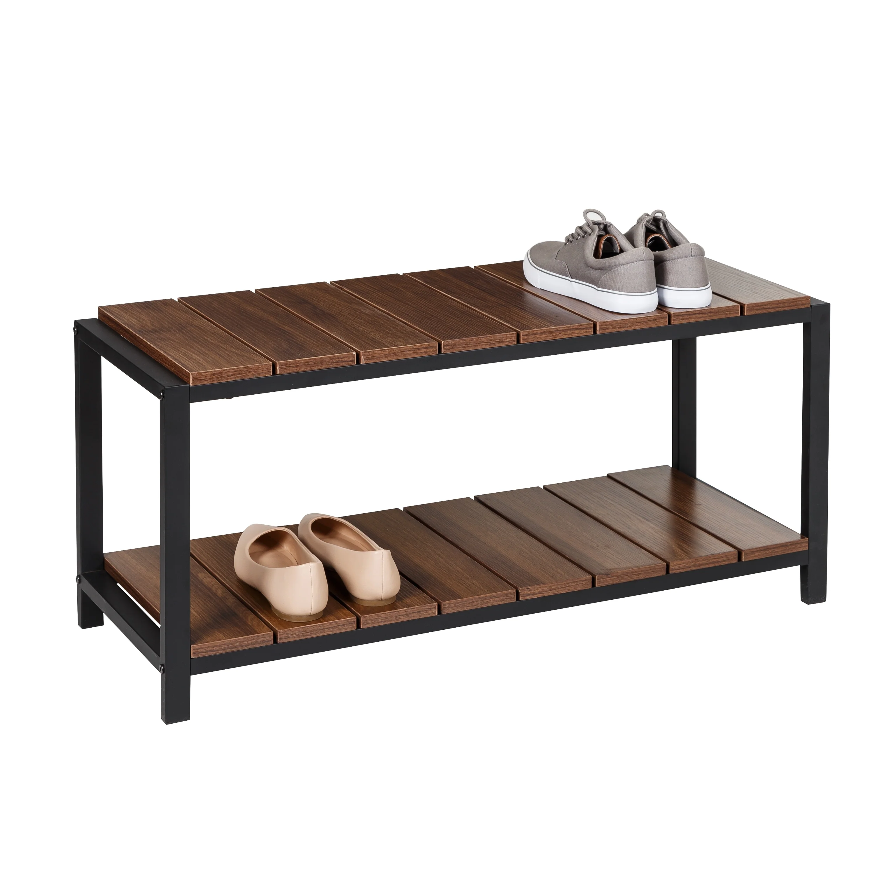 Honey-Can-Do Walnut/Black 2-Tier Entryway Shoe Bench
