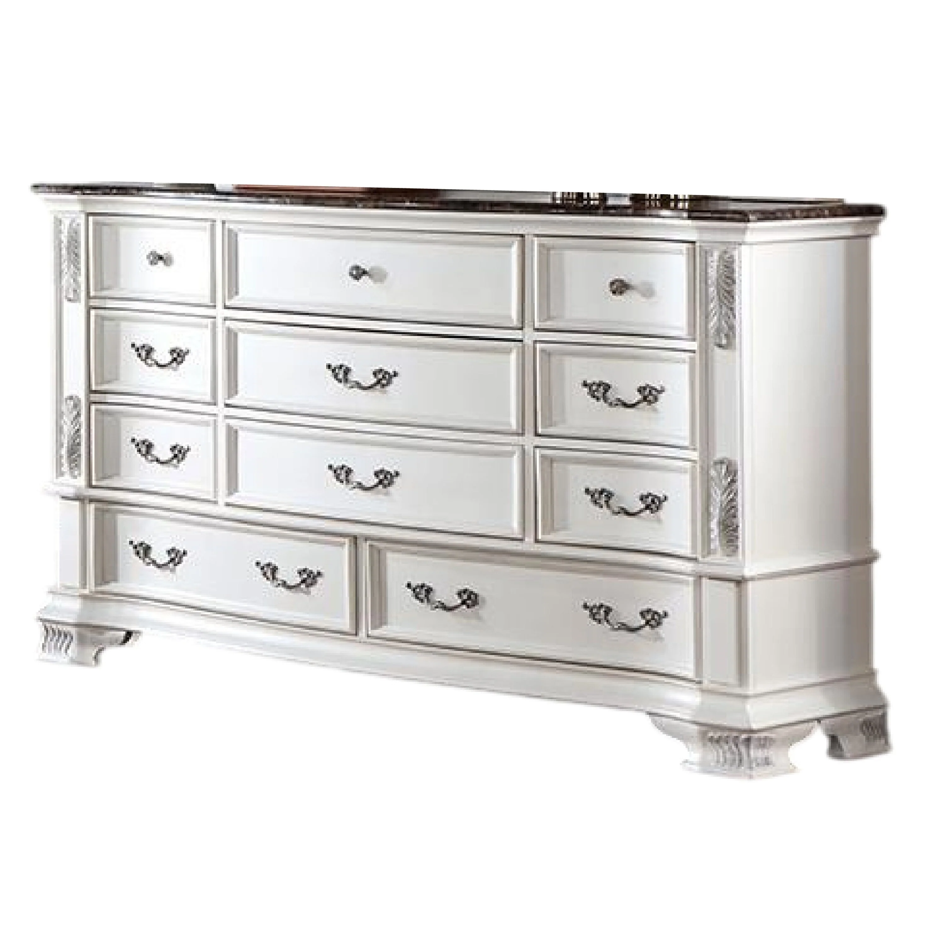 Prio Wide Dresser, 11 Drawers, Marble Top, Carved Pearl White Wood