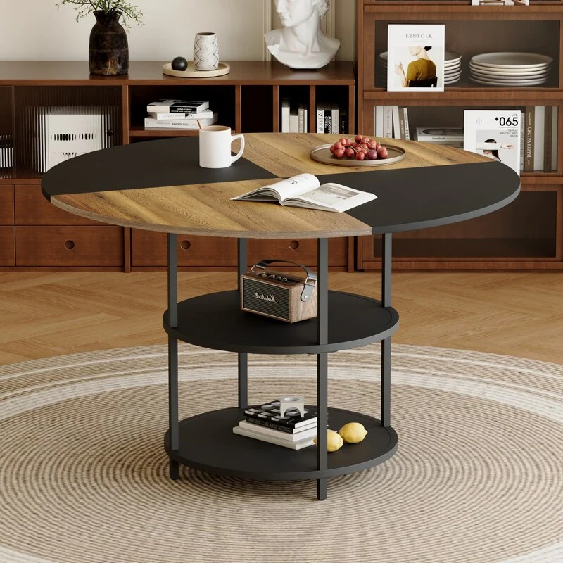 Modern 47.3-Inch Circular Table - Functional Storage & Striking Fan-Shaped Wood/Black Color Block Design‌