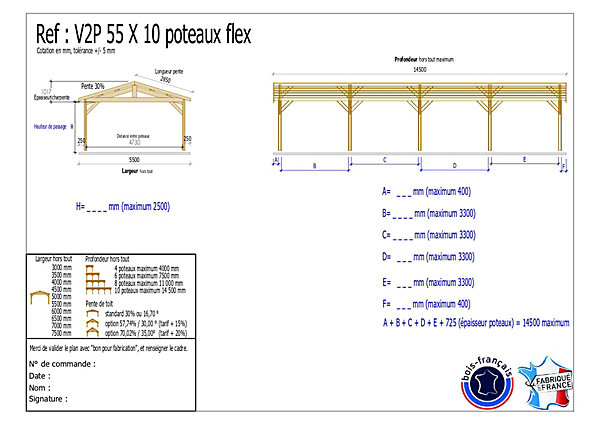 Carport SUR MESURE 2 pentes 550cm x 10 poteaux, bois DOUGLAS Français(Charpente en bois-auvent-abri voiture). Garantie 10 ans