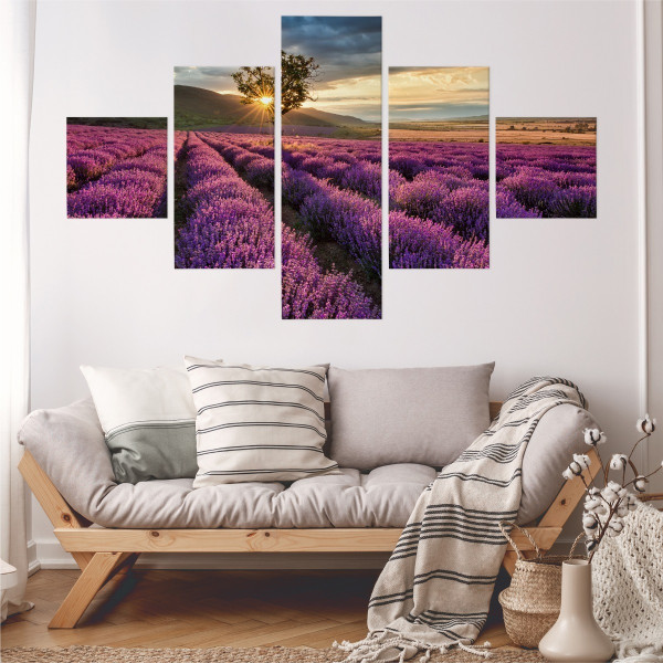 Obraz 5-Częściowy Widok Na Pole Lawendy Pejzaż 3D 150x90cm