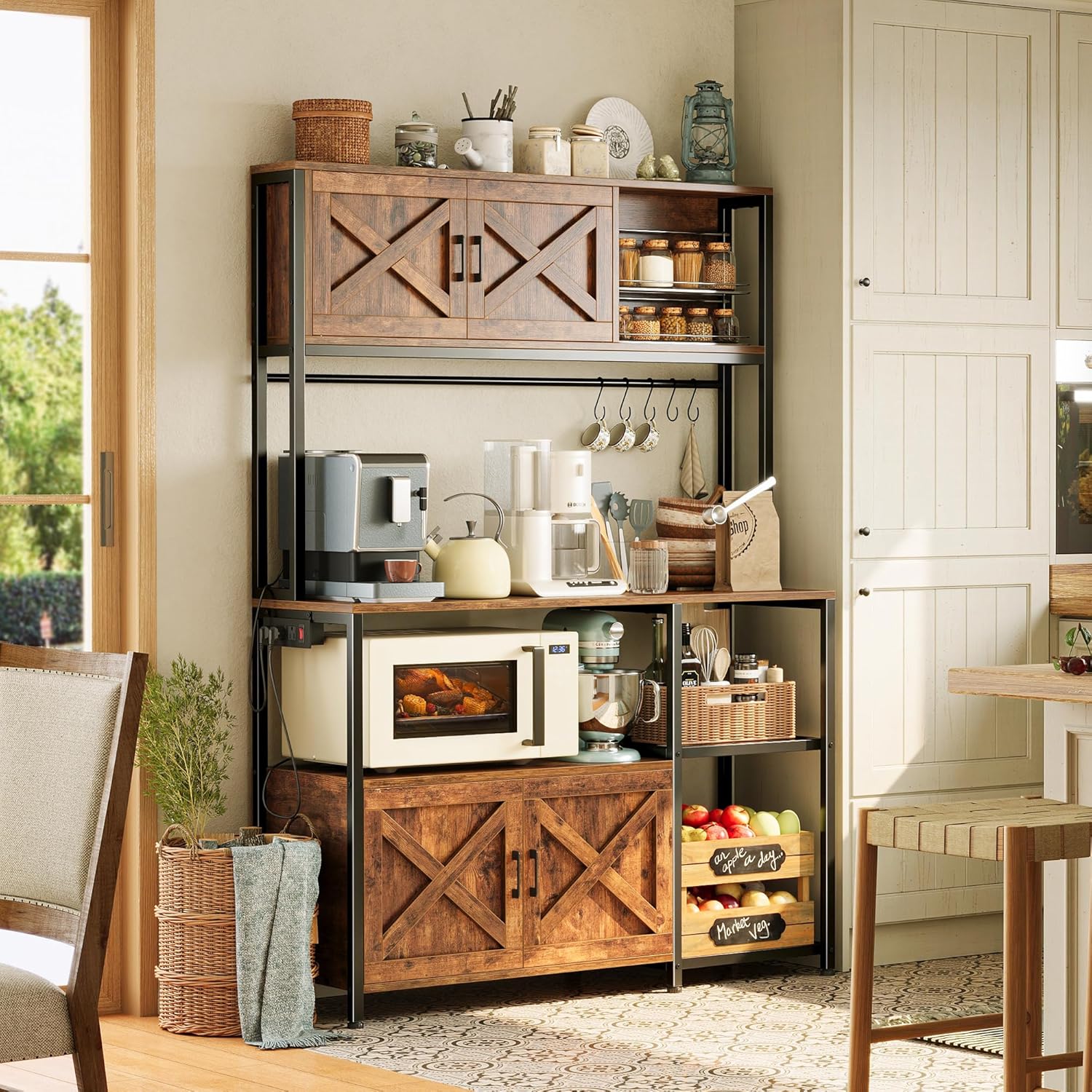 Huuger Large Bakers Rack with Power Outlet, Kitchen Microwave Stand with Cabinets, Coffee Bar Table Station with Storage, 6 S-Shaped Hooks, Mesh Shelves, 45 Inch Wooden Top, Rustic Brown