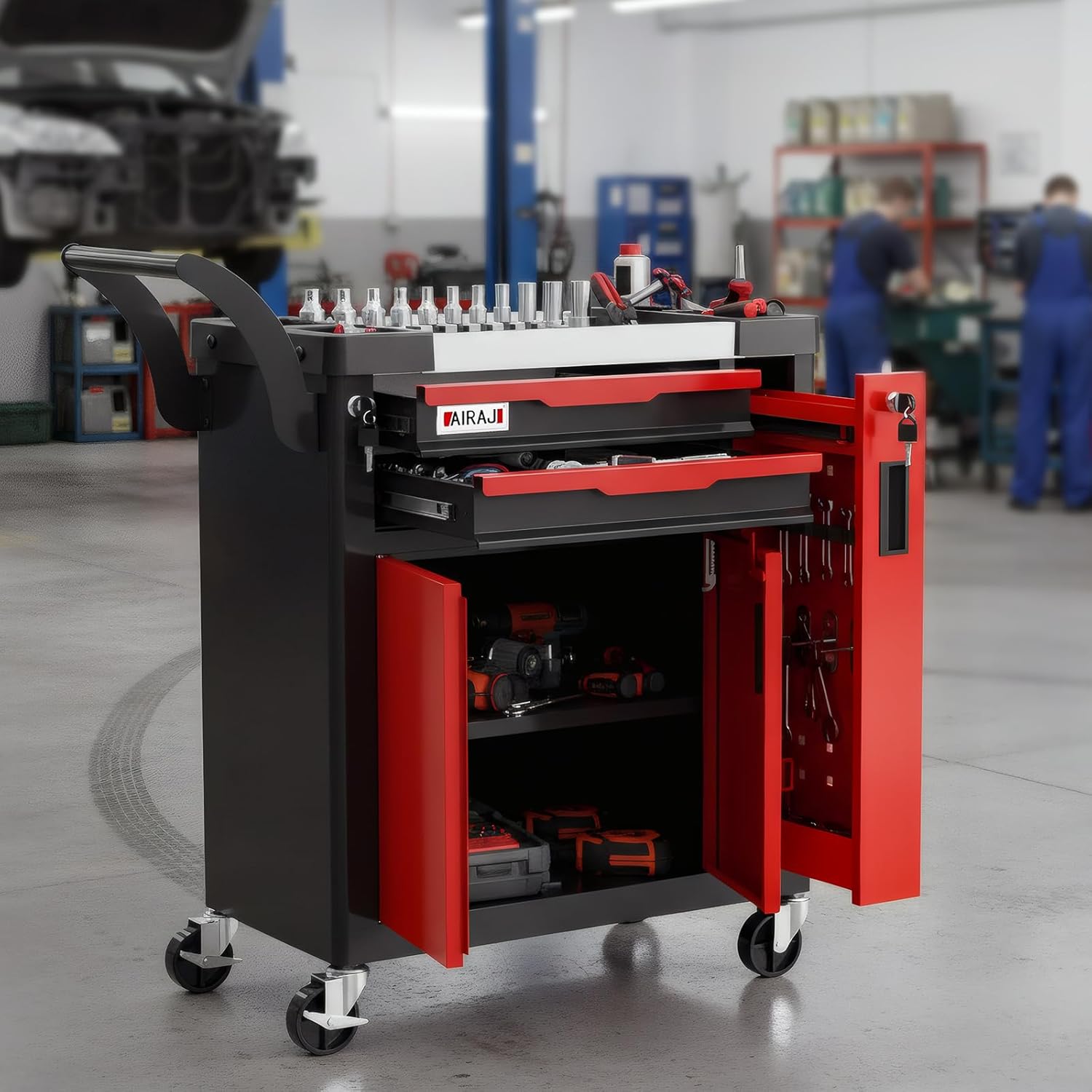 2-Drawer Tool Chest with Wheels, Rolling Tool Chest with Side Drawer,Tool Cabinet Drawers lockable,Tool Cart with Top compartment,for Garage Storage,Workshop,Home,Safety Rounded Corner Anti-collision