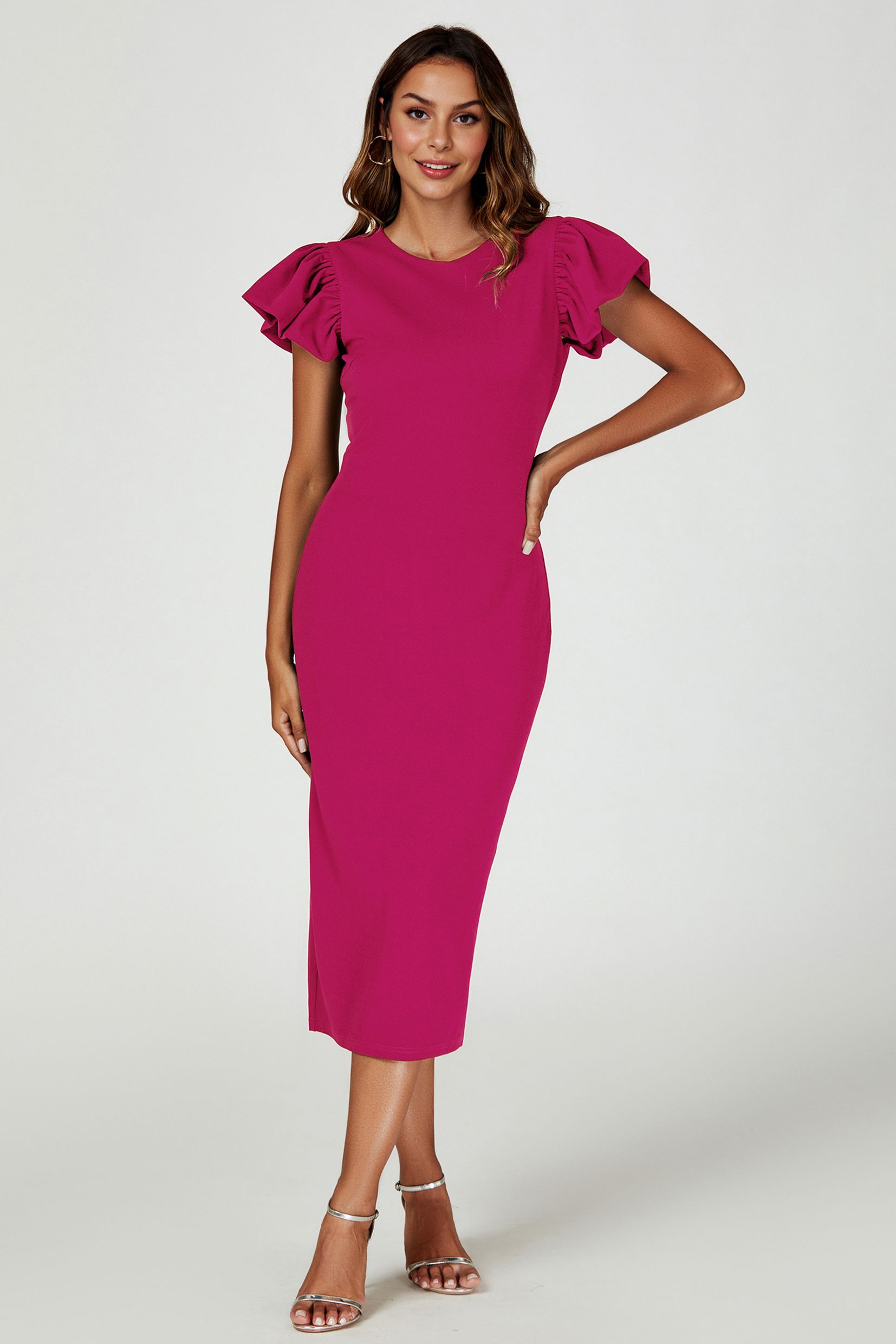 FS Collection Ruffle Sleeve Bodycon Midi Dress In Fuchsia