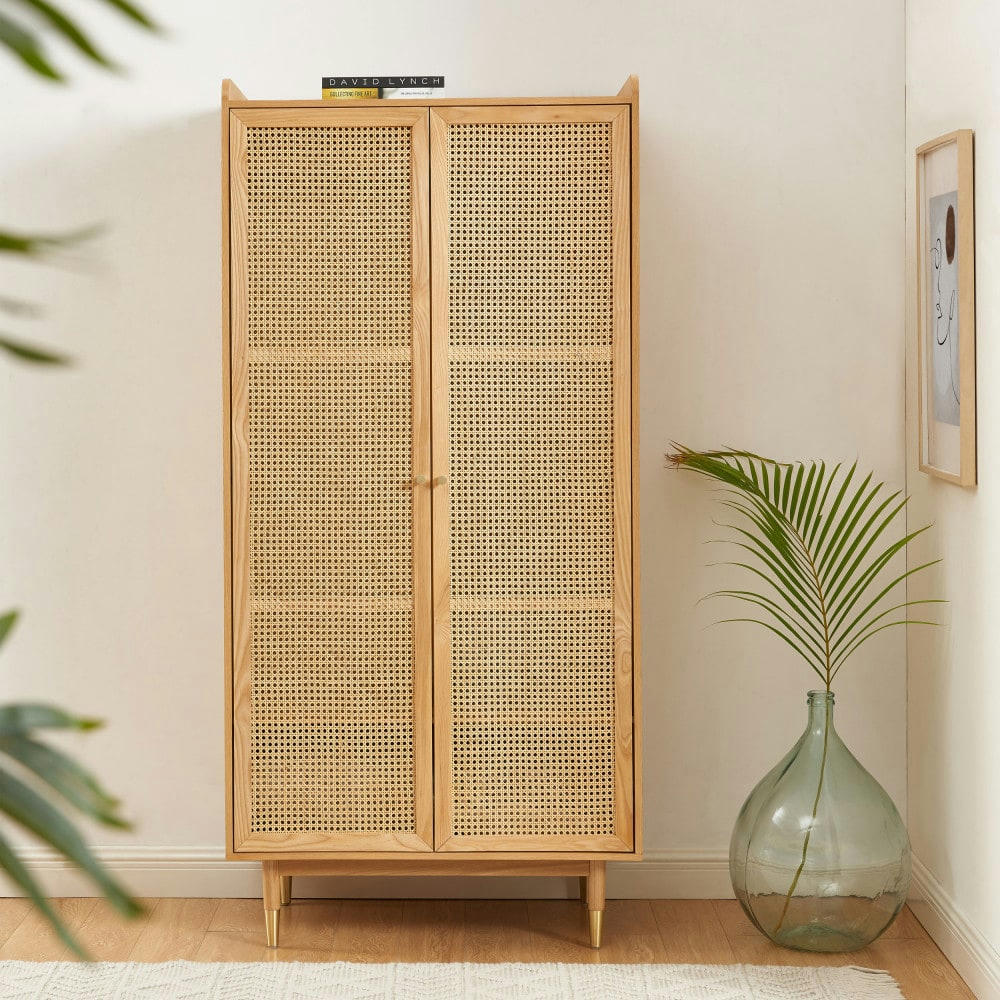 BOMBONG - Armoire 2 portes en bois et cannage bois clair