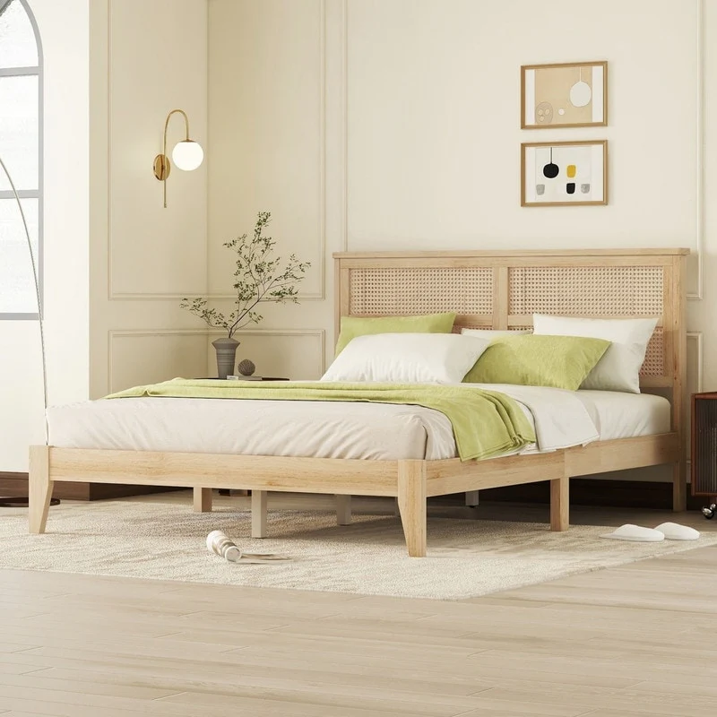 Queen Size Solid Wooden Platform Bed with Rattan Headboard