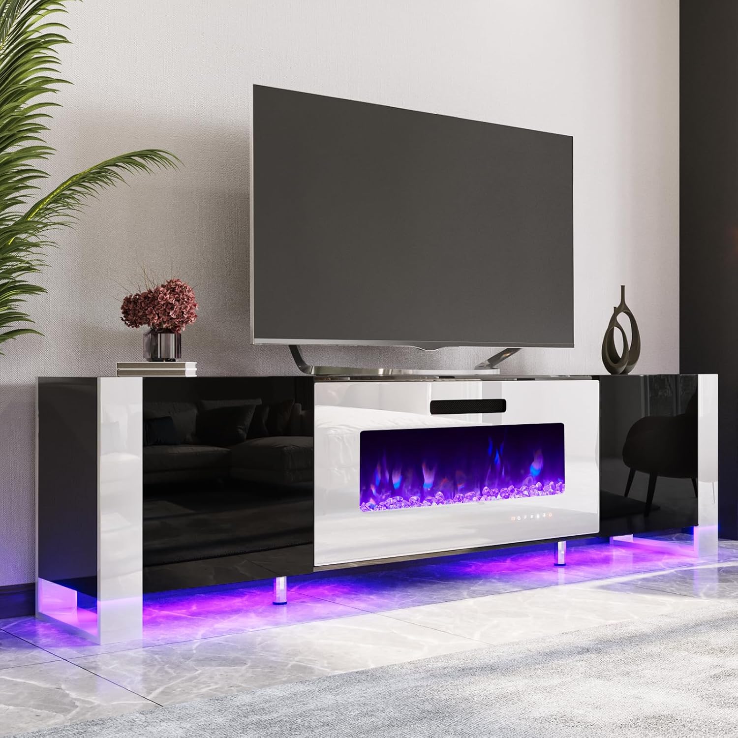 AMERLIFE Fireplace TV Stand with 40 Fireplace, 80 Modern Entertainment Center with High Gloss Doors & LED Lights, U-Shaped Legs TV Console Cabinet for TVs Up to 90, Black TV Stand White Fireplace
