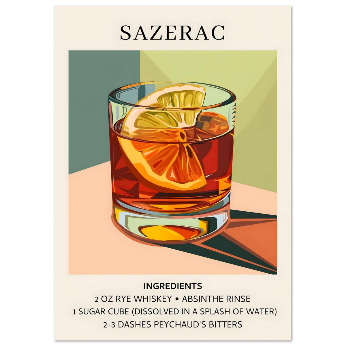 Artfulprints Poster Sazerac cocktail - Ingrediënten  - A4 21x29.7 cm - Meerkleurig