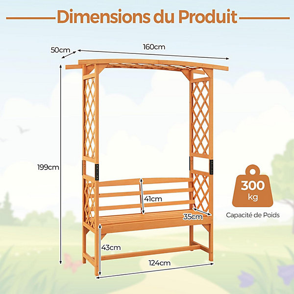 Arche Jardin avec Banc de Jardin Exterieur, Banc et 2 Treillis, Vignes, Raisins,2 Places, pour Jardin, Mariage (50x160x199CM)