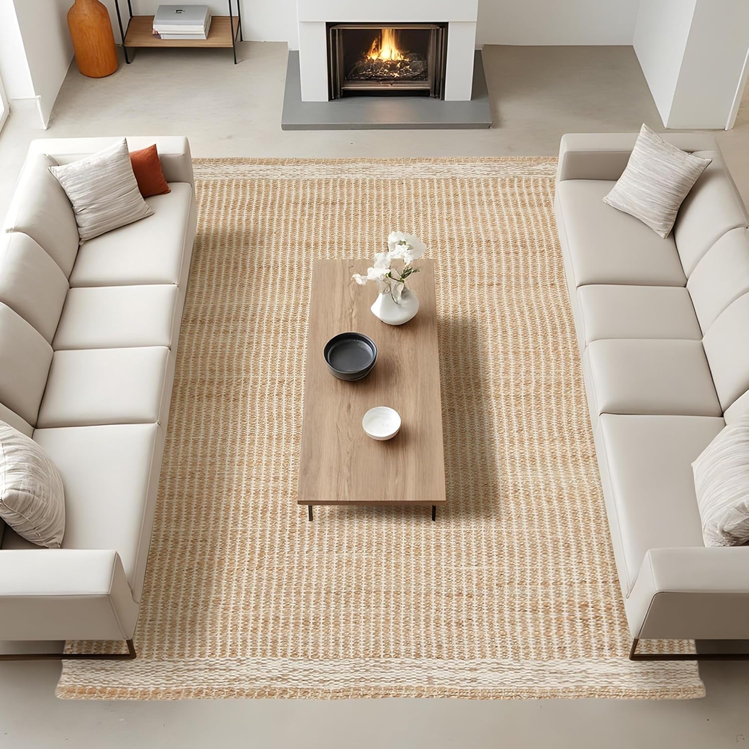 9' x 12' Jute & Wool Mini Check Area Rug with 4-Inch Border Handwoven mini Check Pattern – Living Room, Dining & Bedroom Rug, Neutral Indoor Natural Farmhouse Décor (9' x 12')
