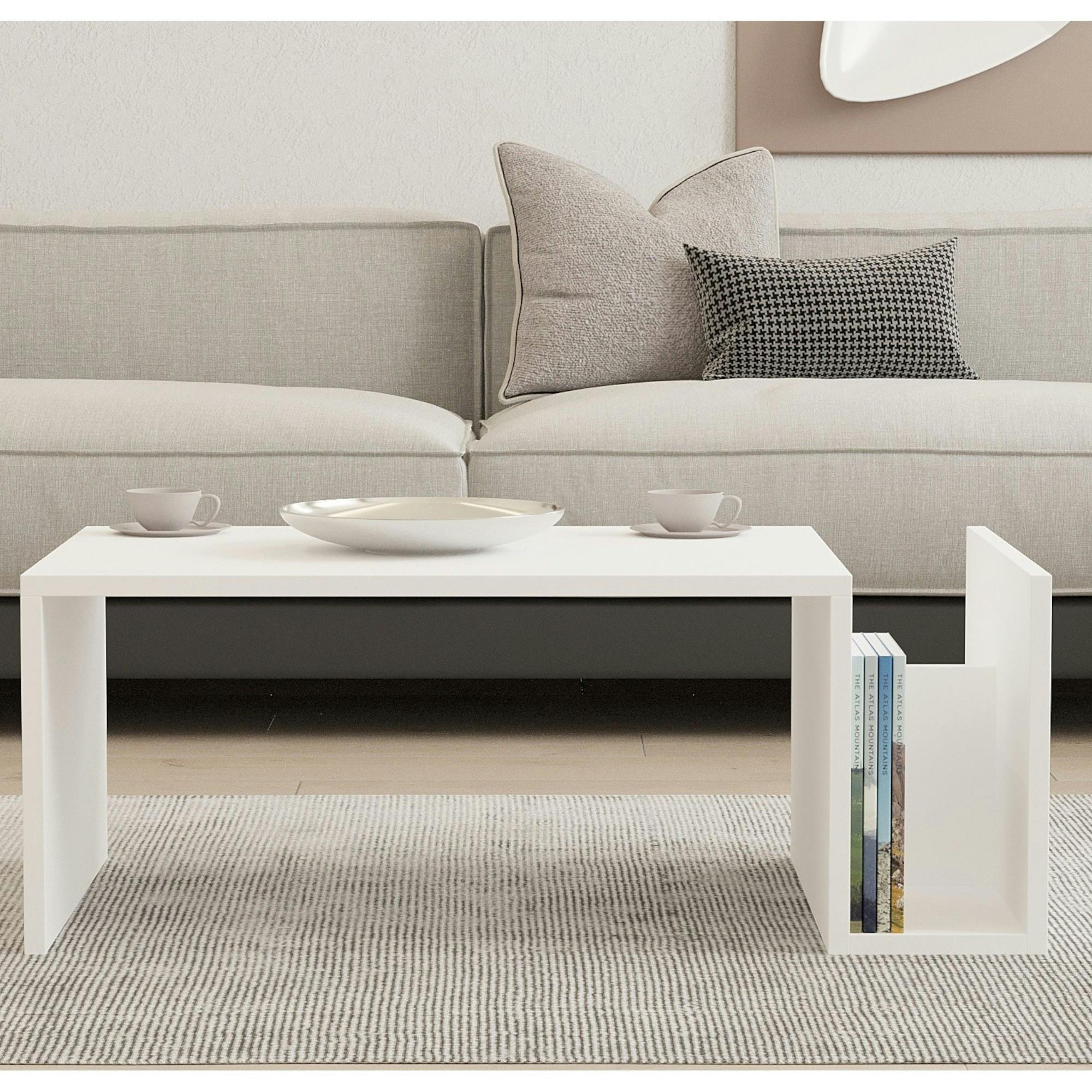 Table basse blanche moderne avec porte-revues MARFA