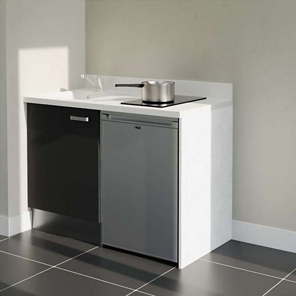 Kitchenette K08 - 120 cm - façades Noir - Plan monobloc en quartz coloris Snova évier à gauche - Electroménager Inox