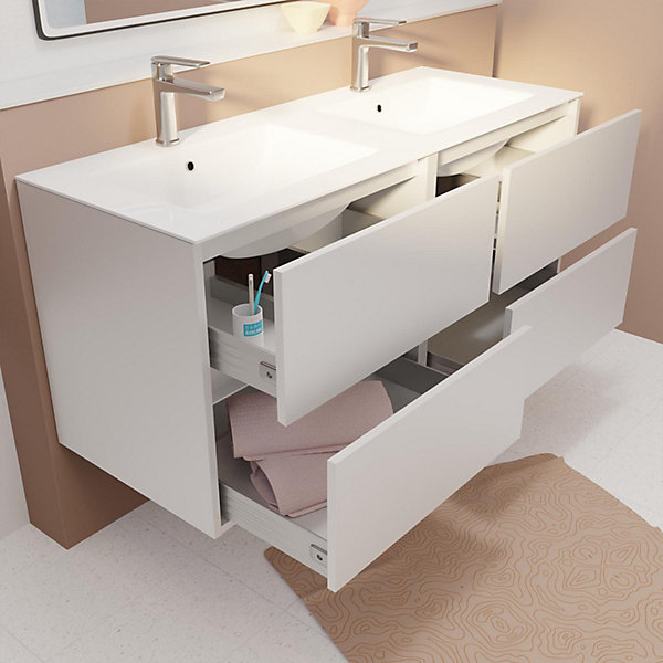 Pack Meuble Salle de Bains 120 cm Laque Blanc, 4 tiroirs avec Vasque Céramique - XENOS