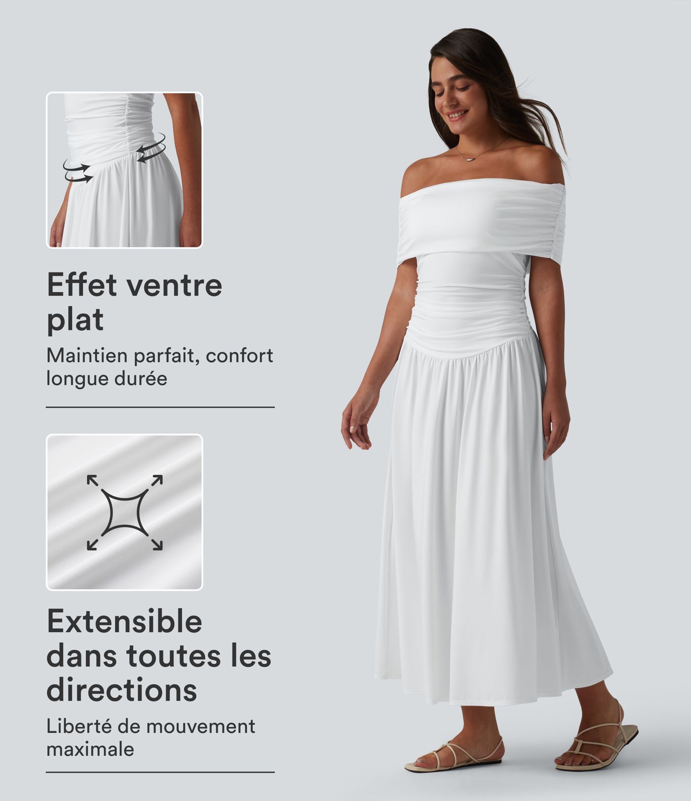 Robe casual maxi fluide gainante froncée à épaules dénudées avec brassière intégrée