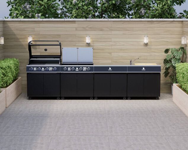 Beefmaster Premium 4 Burner Outdoor Kitchen with Range, Sink & Bench on Classic Carts