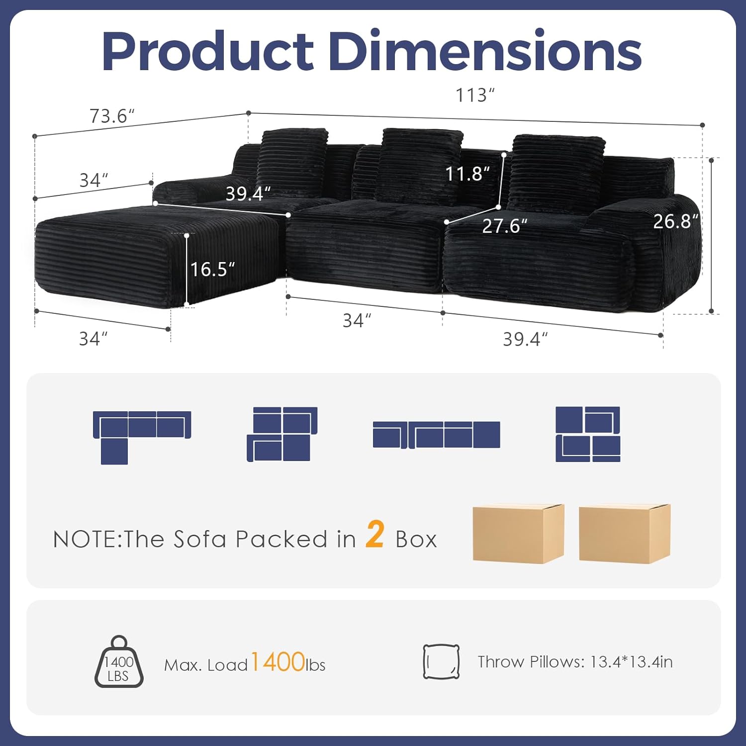 VK·LIVING 113 Cloud Sectional Couch 16.5'' Seat Height Sofa (Black)