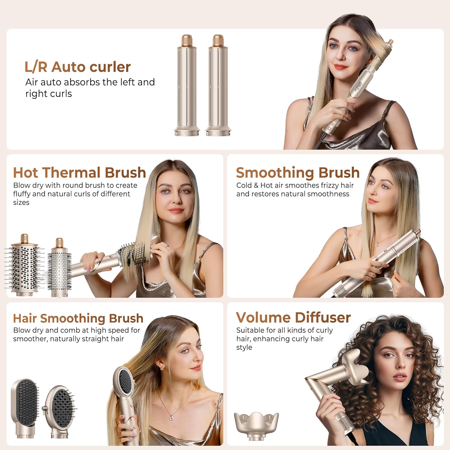 Ukliss 8 in 1 Hair Dryer Brush & Multi Hot Air Styler–Foldable 110,000 RPM Blow Dryer Brush Tool Set with Diffuser Auto-Wrap Curler for Fast Drying Curling Straightening Hair Daily Styling