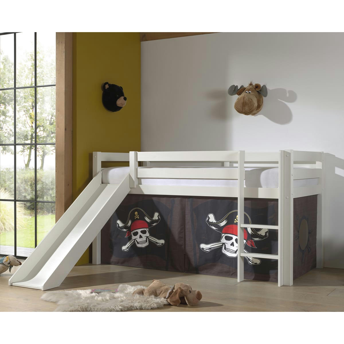 PINO - Lit mi-hauteur 90x200 toboggan sommier inclus housse pirate blanc