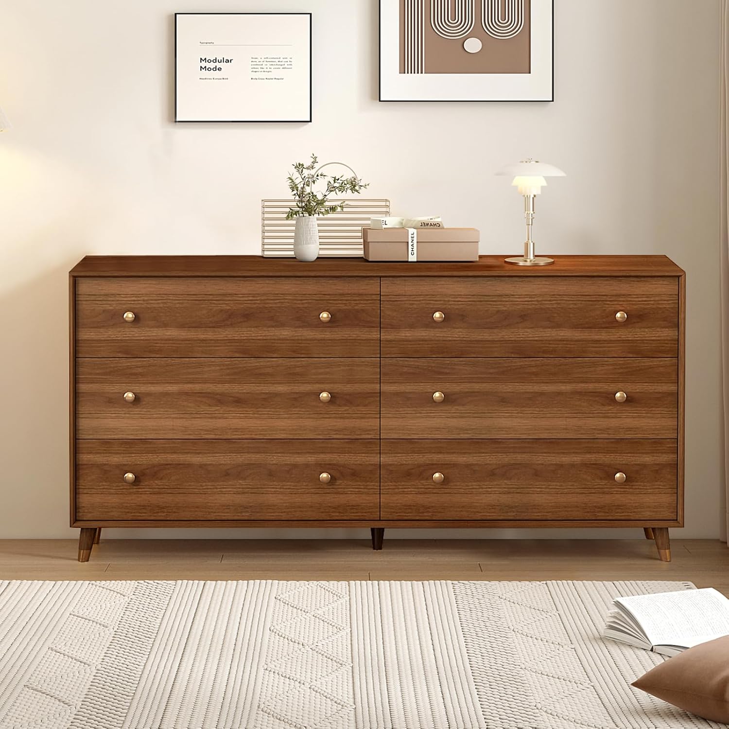6 Drawer Dresser for Bedroom, 55 Inch Walnut Dresser for Closet, Mid Century Wood Chest of Drawers with Natural Texture & Pre-Embedded Slots for TV Stand, Living Room, Hallway, Office