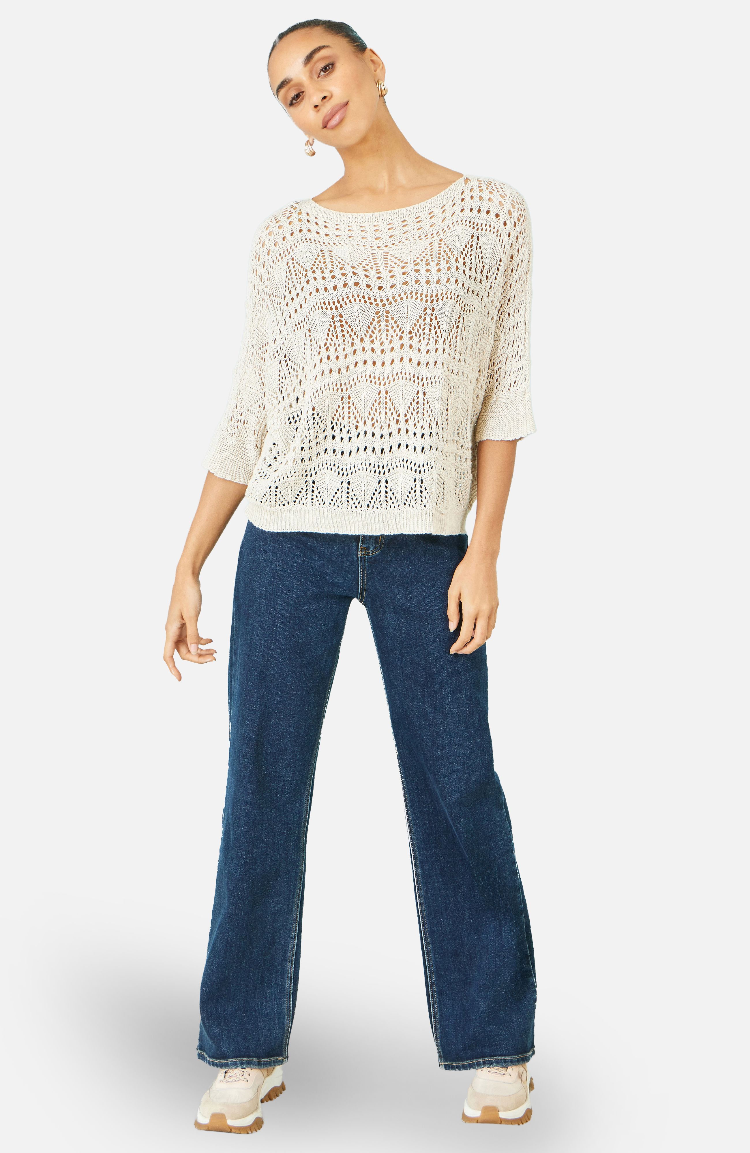 Yumi Beige Cotton Mix Relaxed Fit Pointelle Jumper