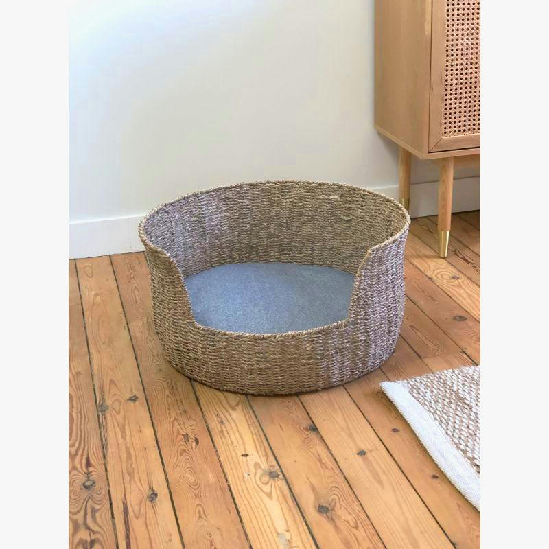 EOS - Panier rond pour chien et chat en jonc de mer coussin gris