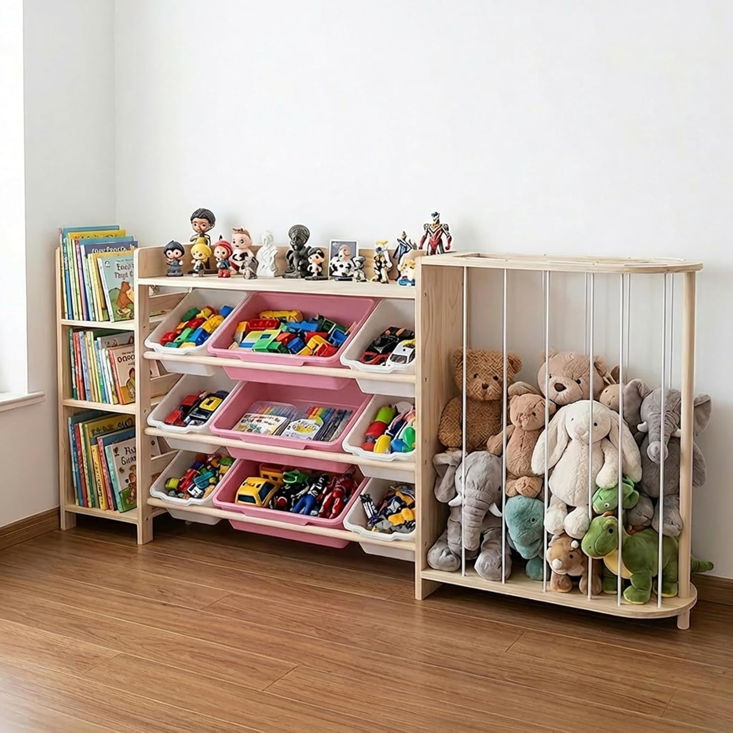 Amdermi Kid's Toy Storage Organizer with Bookcase & Plush Stuffed Animal Zoo, Multi-Bin Toy Storage Shelf for Toddlers, 4-in-1 Wooden Display Rack for Playroom, Bedroom & Nursery (Pink)