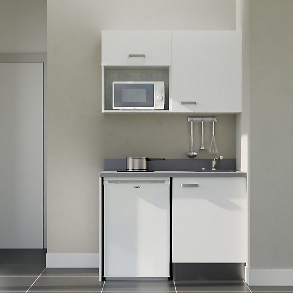 Kitchenette K07 - 120 cm - façades Blanc - Plan monobloc en quartz coloris Cromo évier à droite - Electroménager Blanc