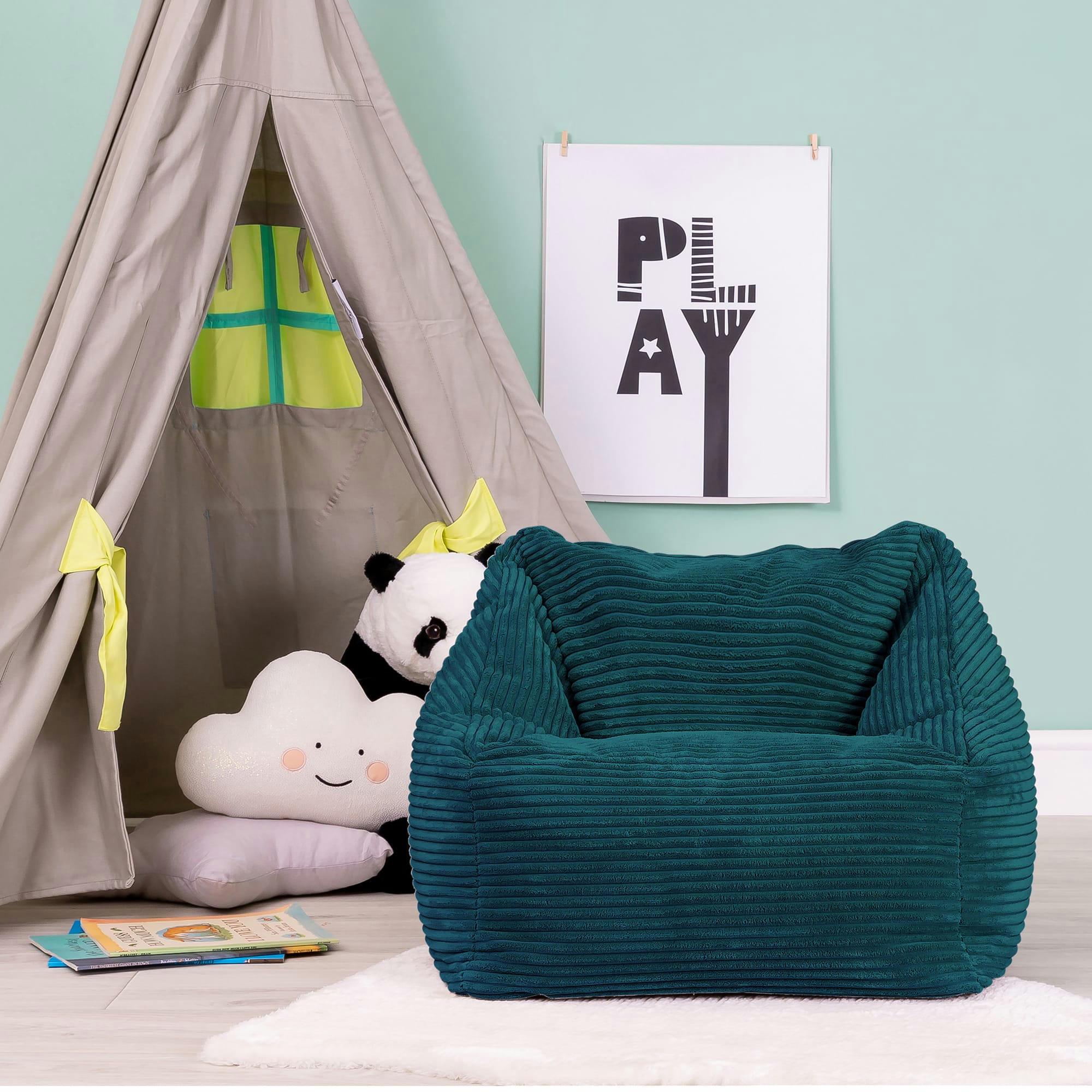 MORGAN - Pouf enfant velours côtelé bleu canard