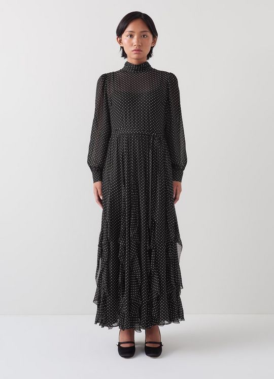 Lucie Petite Black & Ivory Polkadot Ruffle Maxi Dress