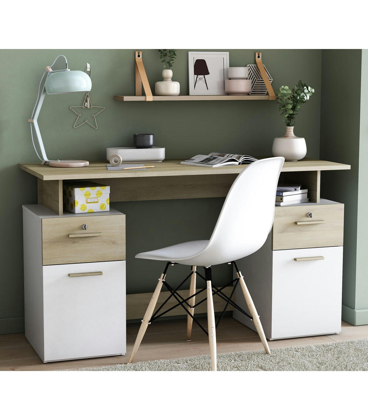 PLATON - Bureau Double Caisson L134,8 cm - Décor Bois Clair et Blanc