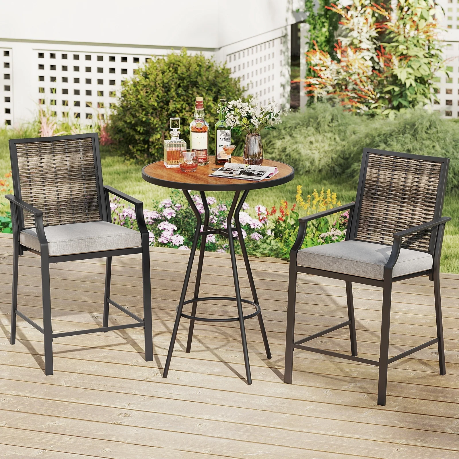 Set of 2 Patio Bar Stools Counter Height Rattan Chairs with Armrests - 26.5 x 24 x 45