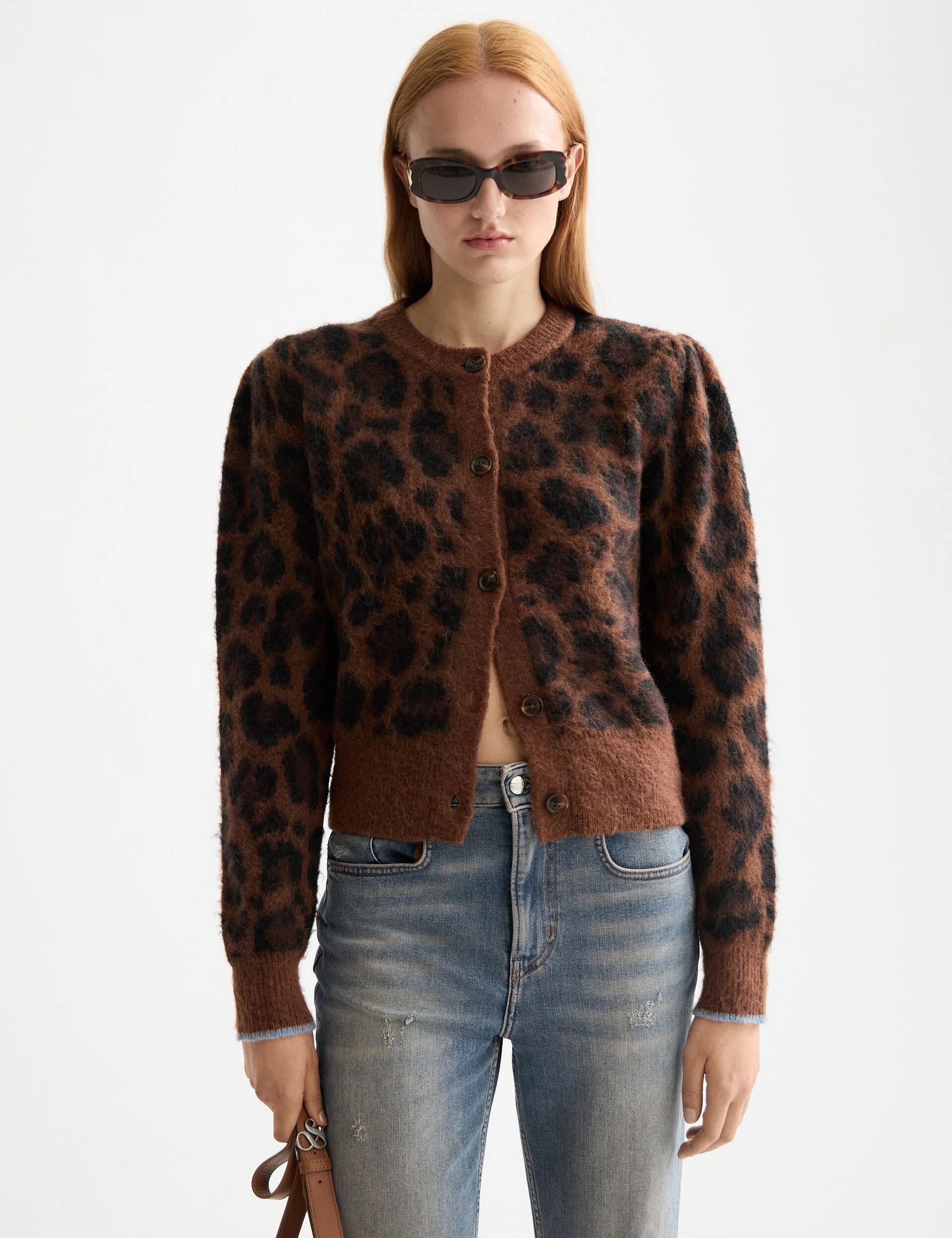 Fuzzy jacquard cardigan