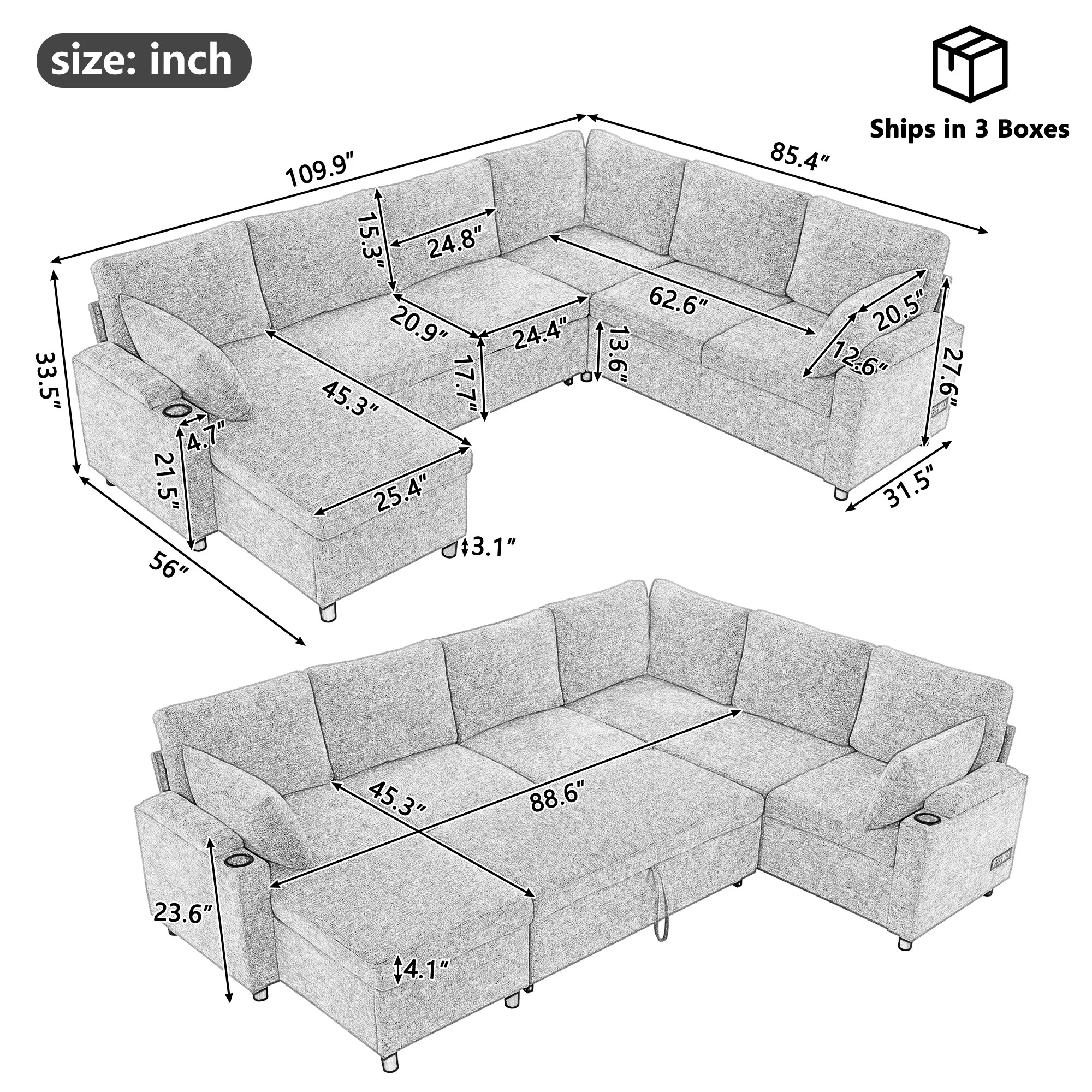 109.9 Chenille U-Shaped Sectional Sofa with Sofa Bed & Storage