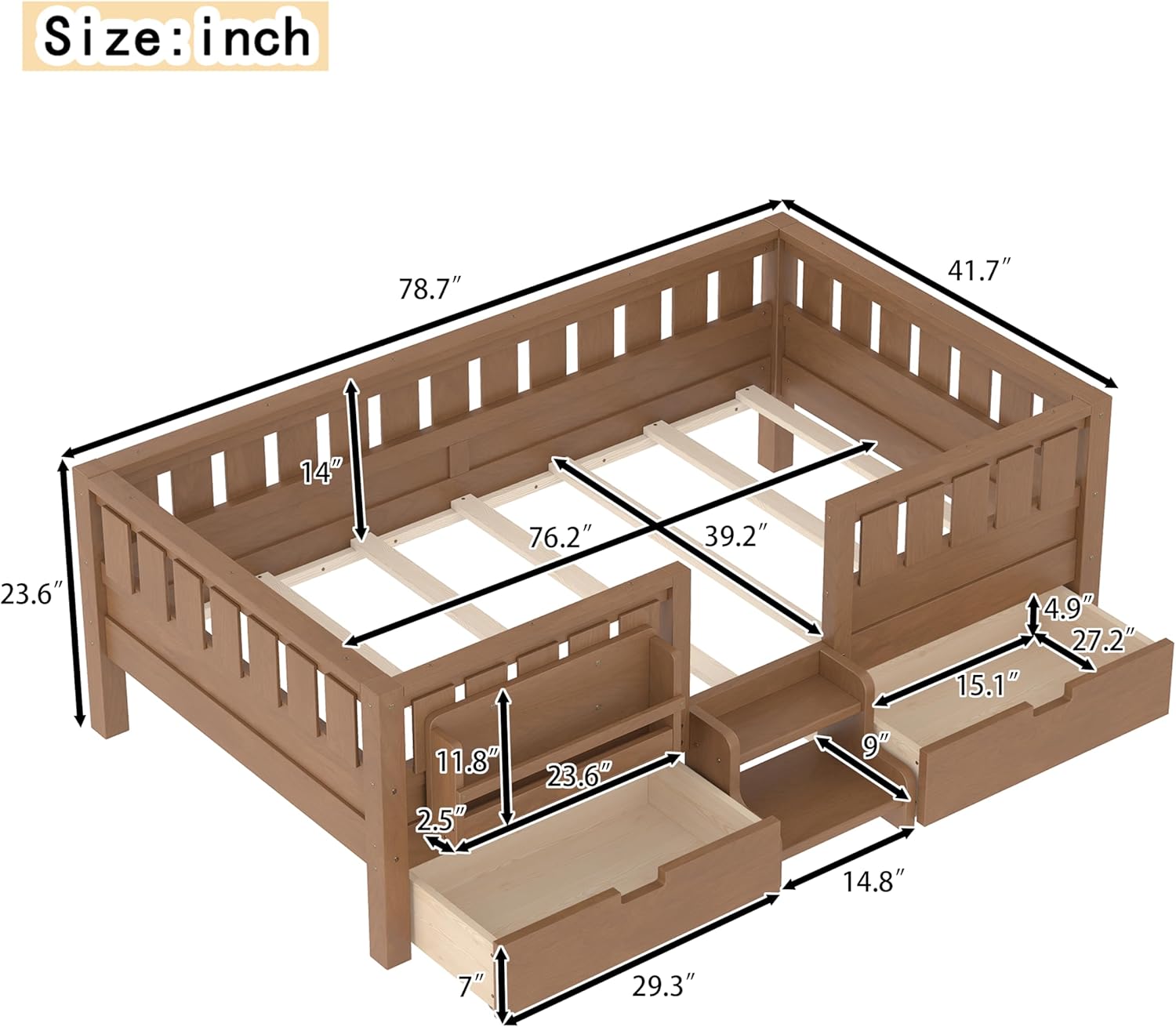 Bellemave Twin Bed with Storage Drawers & Bookshelf, Low Profile Kids Bed Frame with Staircase & Full Length Guardrails, Solid Wood Twin Bed for Kids with Slats Load 300LBS, Easy Assembly, Oak Brown