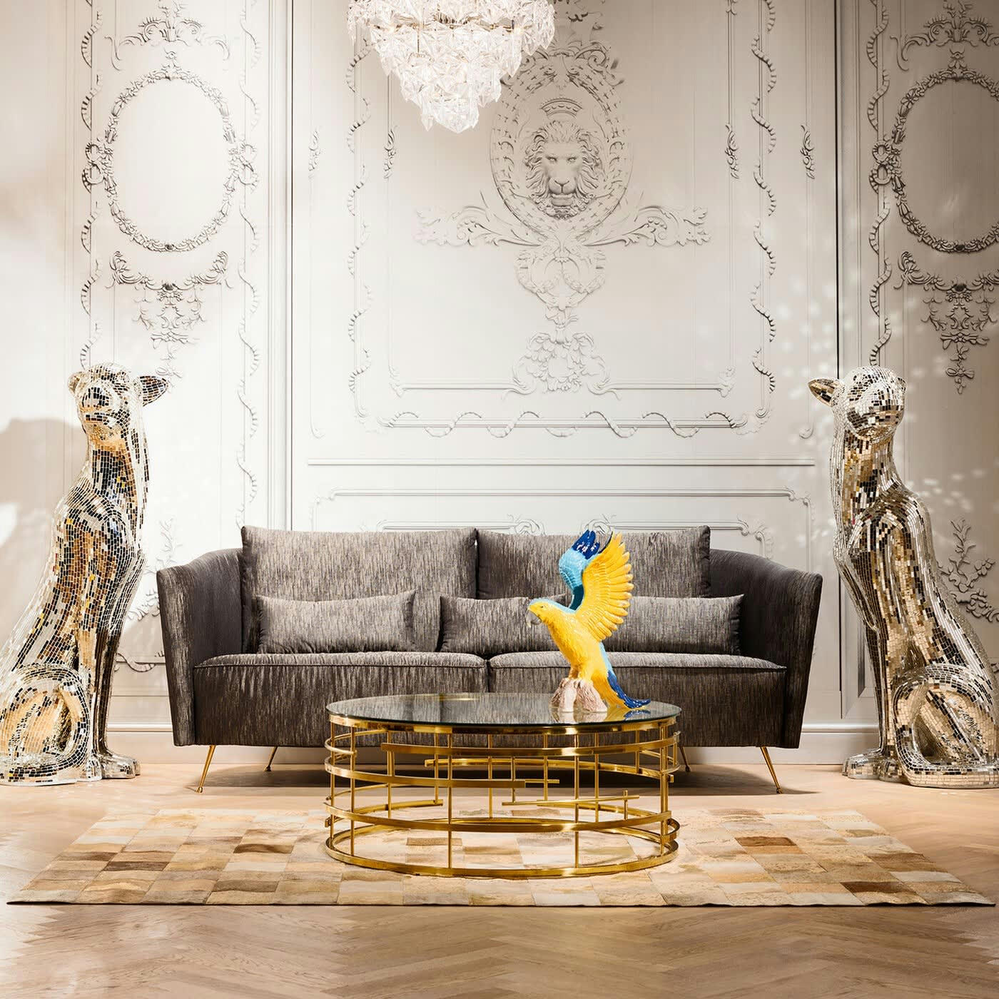 JUPITER - Table basse ronde en verre et acier doré D100