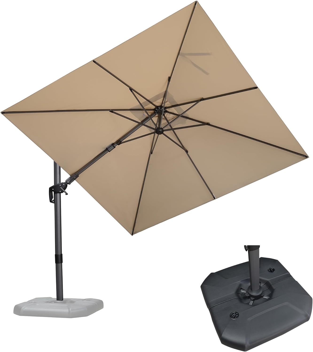 PURPLE LEAF 8.8' X 8.8' Right-left Tilt Patio Umbrella with Base Outdoor Cantilever Swivel Square Umbrella with Tilt Aluminum Offset Umbrella with 360-degree Rotation for Garden Deck Pool Patio Beige